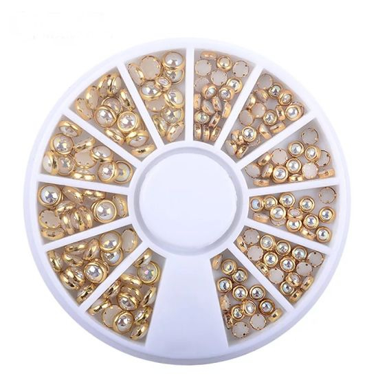Gold Metal Edge Pearls Glitter Charm Nail Art Decorations Wheel